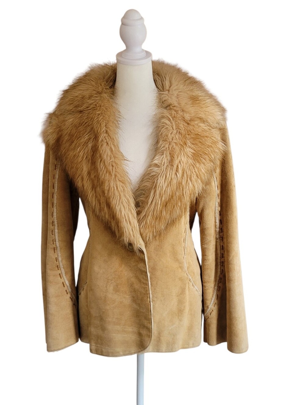 GUESS Y2K Tan Suede Leather Jacket Faux Fur Collar Penny Lane Boho Coat Sz M